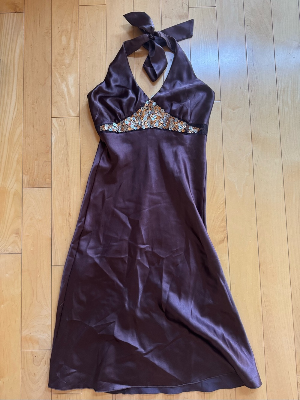 Satin Halter Dress with Sequin Waistband - Deep Brown